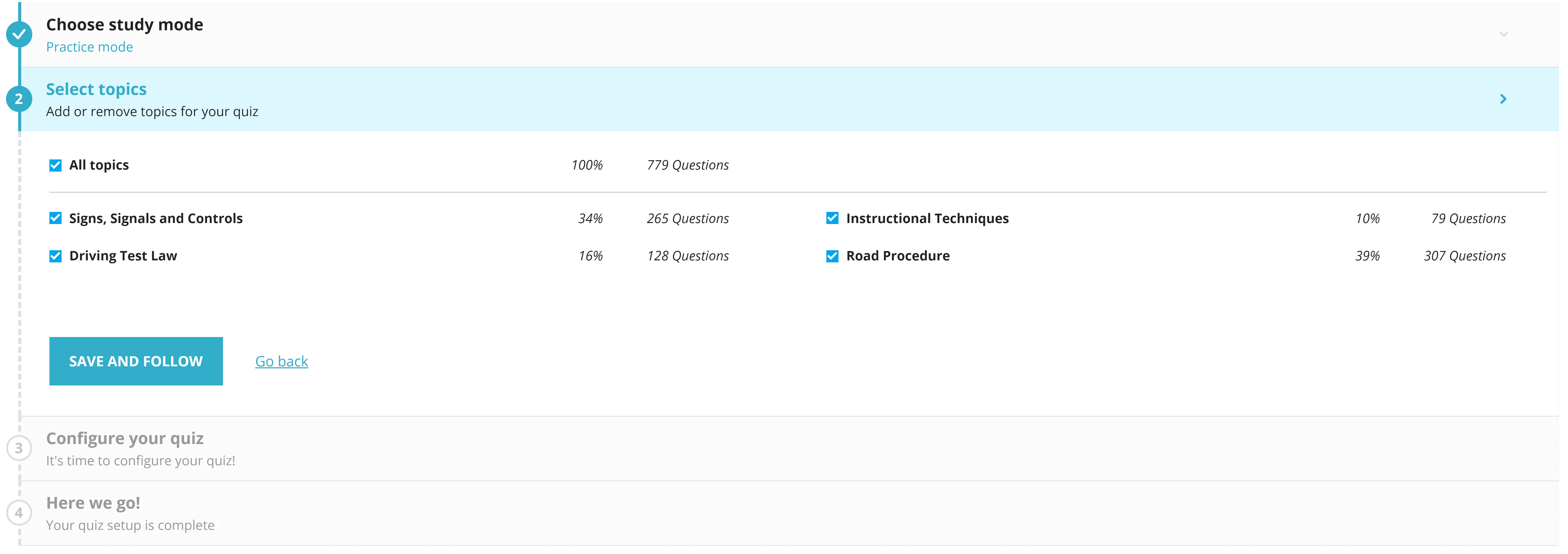 Custom topic selector of Assessment Test practice test