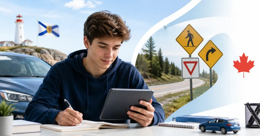 Easy-Quizzz Canada driving license practice image for Nova Scotia Class 7 License Test preparation and learner exam study.