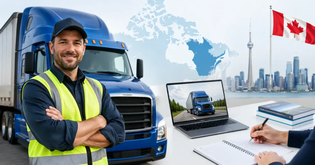 Easy-Quizzz Ontario Class DZ license test practice scene in Canada featuring truck driver training, study preparation, and driving license exam learning.