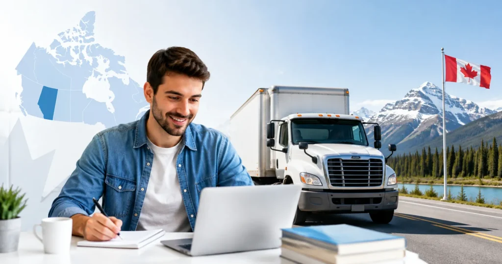 Professional learner preparing for the Canada Alberta Class 2 License driving knowledge test with Easy-Quizzz practice for commercial driver licensing