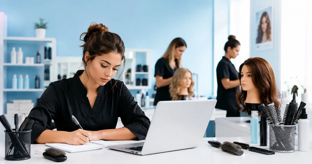Easy-Quizzz Red Seal Hairstylist Practice Test for Canada certification exam prep featuring a professional hairstylist studying in a modern salon training environment.