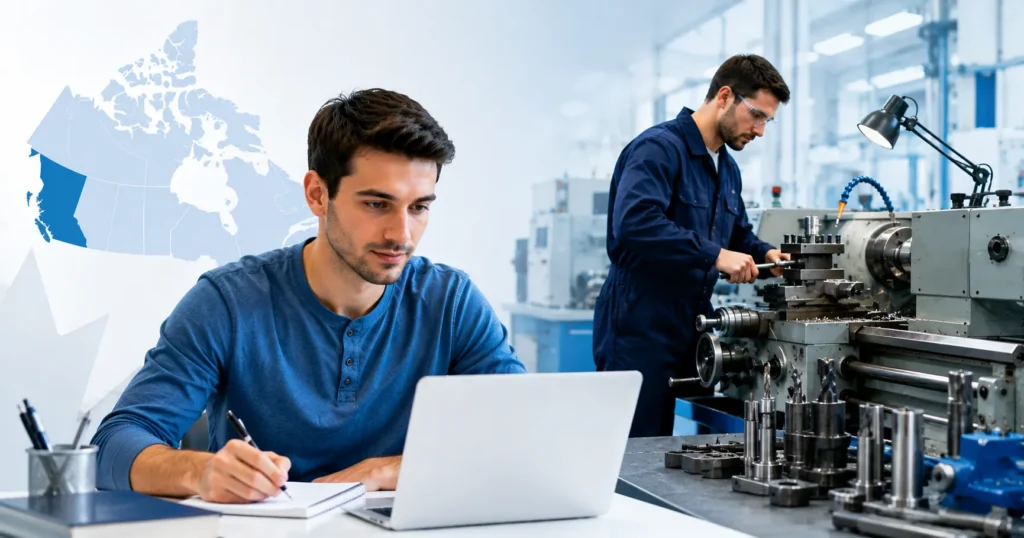 Easy-Quizzz Red Seal Machinist Practice Test for Canada certification exam prep with a professional machinist in a modern industrial workshop.