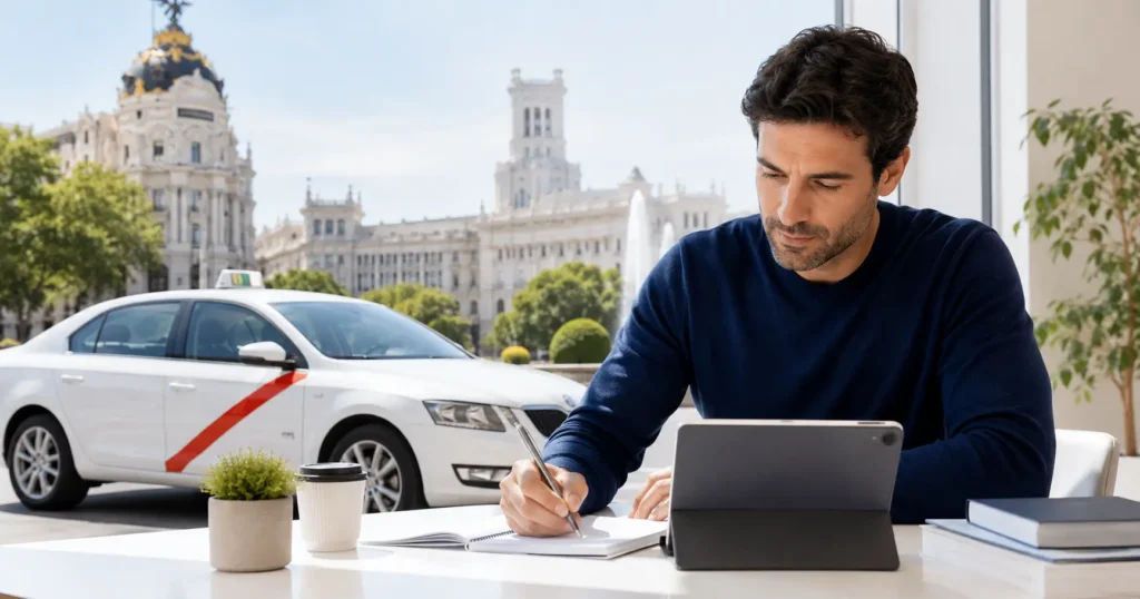 Preparación en Easy-Quizzz para el Examen Taxi Madrid en España, con un aspirante estudiando junto a un taxi madrileño.