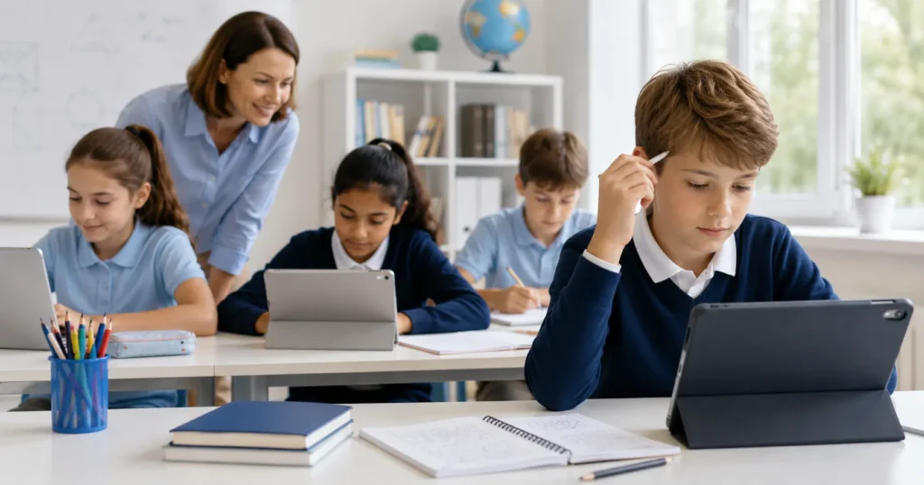 UK students using Easy-Quizzz for CAT4 Test Practice for Year 6 (Level C) in a bright school classroom with tablets and teacher support.