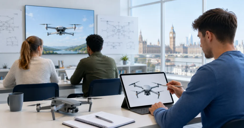 UK learner using Easy-Quizzz for the A2 COFC Exam with drone licence study materials in a modern training classroom.