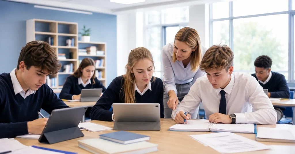 UK students using Easy-Quizzz for CAT4 Test Practice for Year 11+ (Level G) in a modern school admission practice classroom.