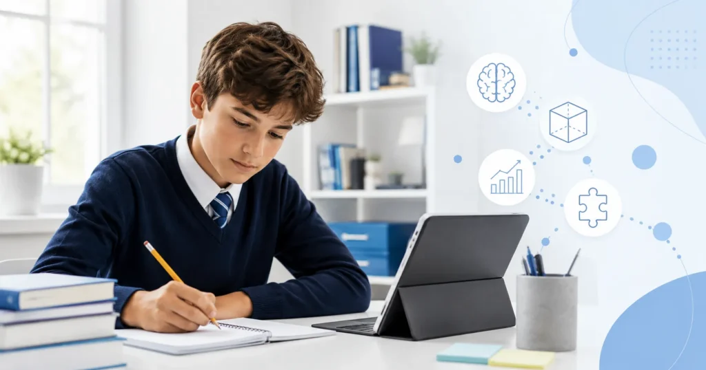 Easy-Quizzz CAT4 Test Practice for Year 8 Level E image showing a UK school student preparing for admission practice test