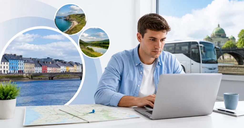 Professional learner preparing for the SPSV Area Knowledge Test Galway in Ireland with Easy-Quizzz driving license practice on a laptop.