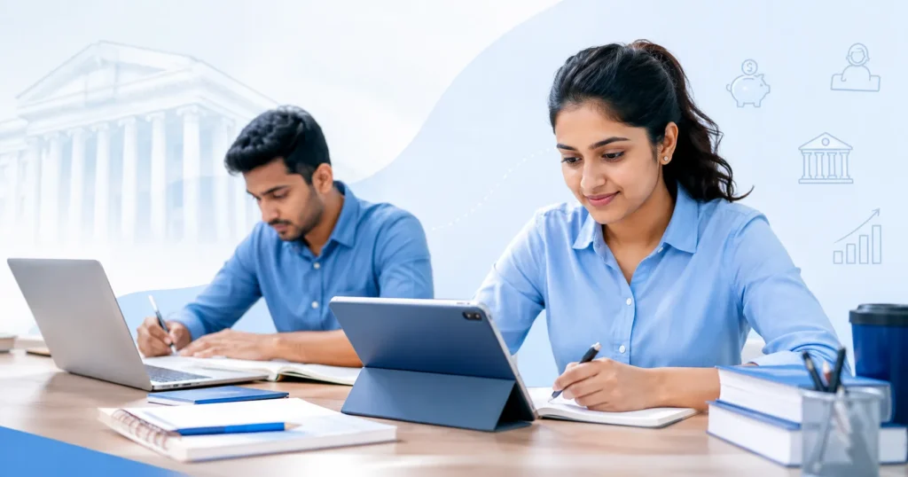 Indian candidates preparing for the IBPS PO banking exam with Easy-Quizzz mock test practice for Sarkari Exam success.