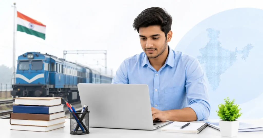 Indian candidate preparing for the RRB NTPC Railways Exam with Easy-Quizzz online practice for Sarkari Exam success in India.