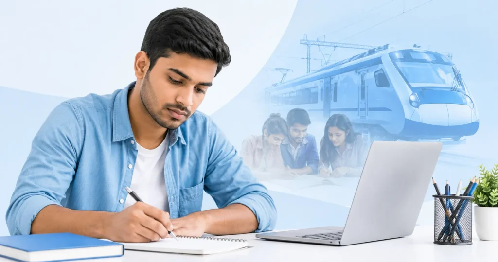 Indian student preparing for Railways Exams with RRB NTPC Previous Year Question Papers on Easy-Quizzz for Sarkari Exam success.