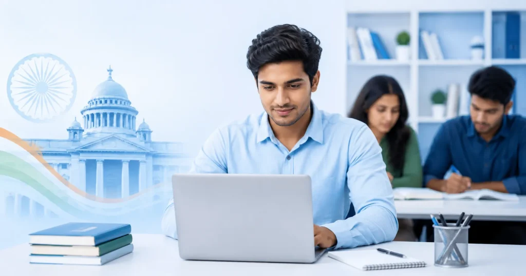 Easy-Quizzz SBI PO Mock Test for India Banking Exams with a candidate preparing online for the SBI PO Sarkari Exam in a modern study setting.