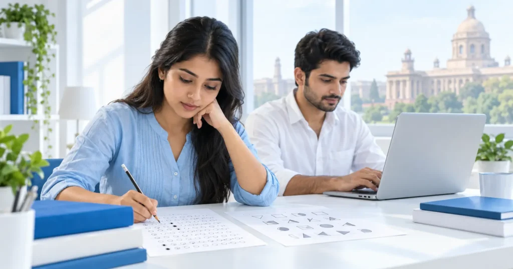 Indian candidates studying for the SSC CGL government recruitment exam with paper exercises and a laptop, illustrating Easy-Quizzz mock test preparation.