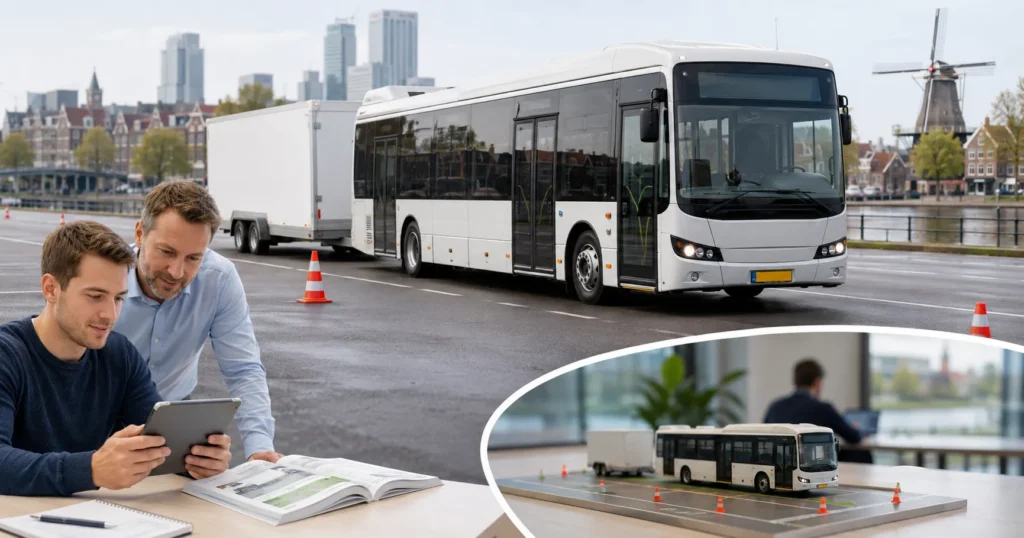 Easy-Quizzz oefening voor Rijbewijs DE bus met aanhanger in Nederland, officiële testsimulator voor openbaar vervoer theorie.