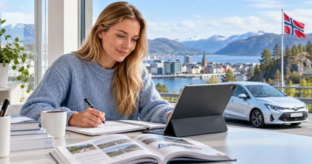 Easy-Quizzz Teoriprøve Klasse B for førerkort bil i Norge med realistisk elev som øver på teori og kjøring.