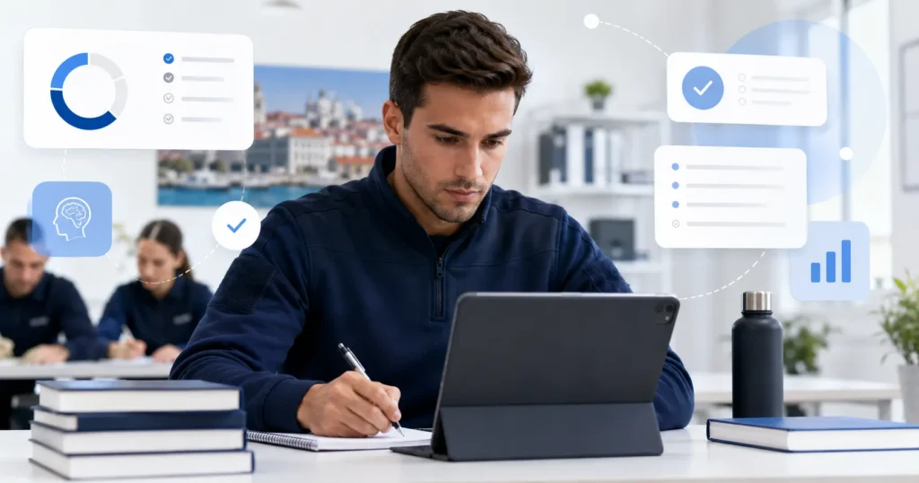 Candidato em Portugal a estudar com Easy-Quizzz para o teste conhecimentos PSP em curso profissional de certificações.