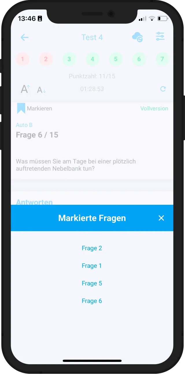 Setze ein Lesezeichen für die Fragen in deinem Führerschein C1 + E PDF, oder speichere die Fragen, die du nicht beantworten kannst, über unsere App.