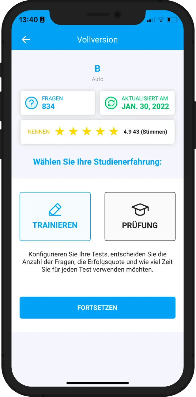 Individuelle Anpassung des Tests mit dem Übungsmodus