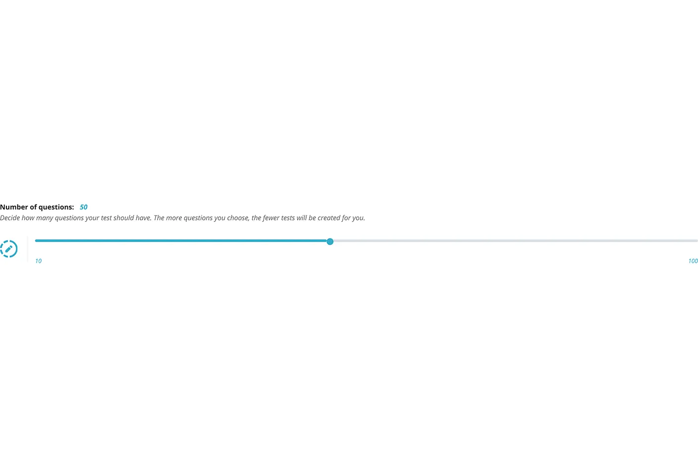 Skærmbillede af valg af tilpasset antal spørgsmål i Certificeringer øvelsestesten Skærmbillede af valg af tilpasset antal spørgsmål i Certificeringer øvelsestesten