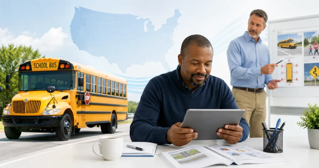 Easy-Quizzz School Bus Driver Practice Test for United States driving license learners preparing school bus exams online.